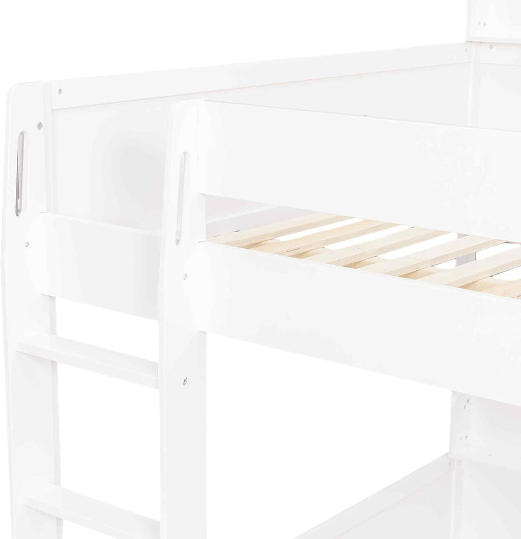 Queen Over Queen Bunk Bed with Storage Shelves and USB Ports,Solid Pine Wood Space-Saving Design for Kids/Adults (White-Q)