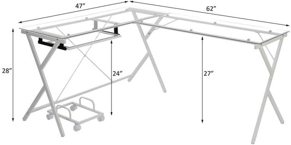 Acme Demas Glass Top L-Shaped Computer Desk with Holder in Clear and White