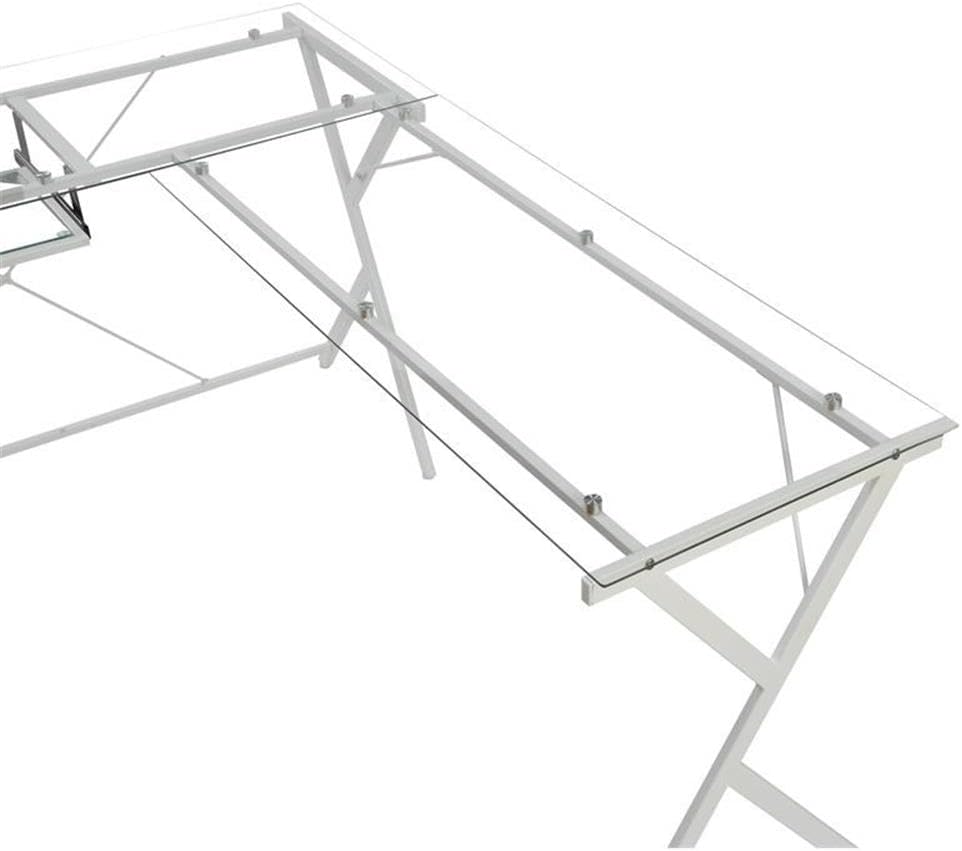 Acme Demas Glass Top L-Shaped Computer Desk with Holder in Clear and White