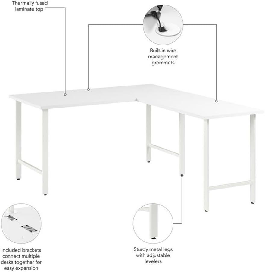 Bush Business Furniture Hustle 60W x 30D L Shaped Computer Desk with Metal Legs in White, Modular Corner Table for Home and Professional Office
