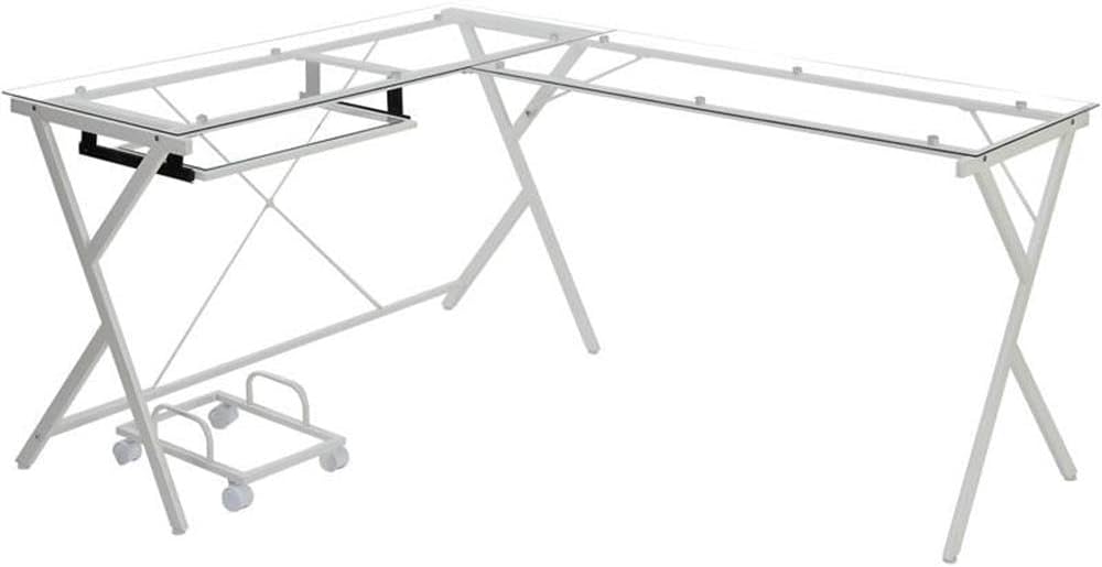 Acme Demas Glass Top L-Shaped Computer Desk with Holder in Clear and White