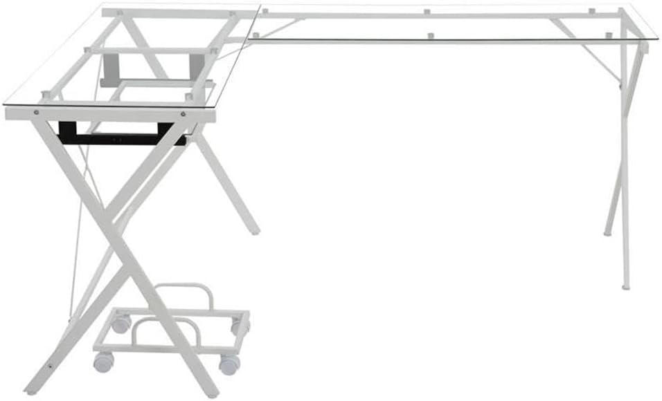 Acme Demas Glass Top L-Shaped Computer Desk with Holder in Clear and White