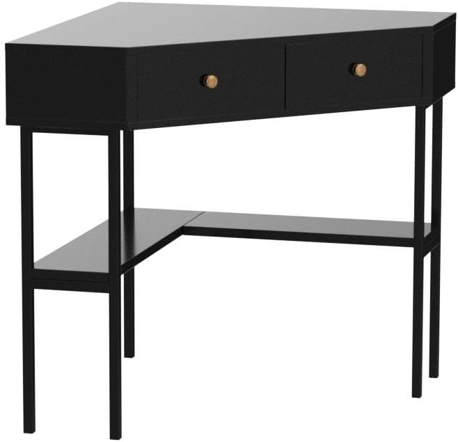 Tangkula Corner Desk with 2 Drawers & Built-in Charging Station, 90 Degrees Triangle Computer Desk for Small Space, Bedroom Makeup Vanity Desk with Storage Shelves, Corner Writing Desk