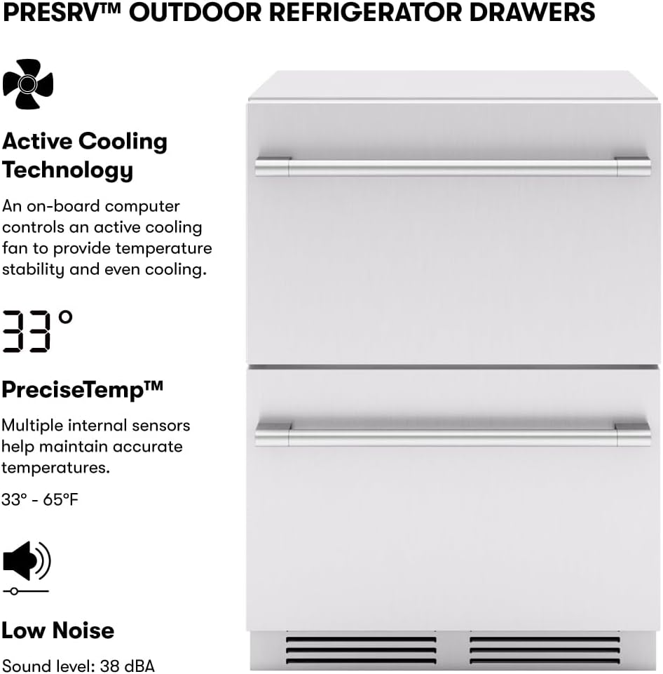 Zephyr Presrv 24 Inch Outdoor Dual Zone Refrigerator Drawers Wine & Beverage Fridge, Stainless Steel Wine Cooler Home Bar Under Counter Freestanding Built in, Energy Star Certified, 5.1 Cu. Ft