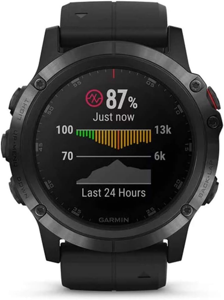 Garmin fenix 5X Plus, Ultimate Multisport GPS Smartwatch, Features Color Topo Maps and Pulse Ox, Heart Rate Monitoring, Music and Contactless Payment, Black with Black Band