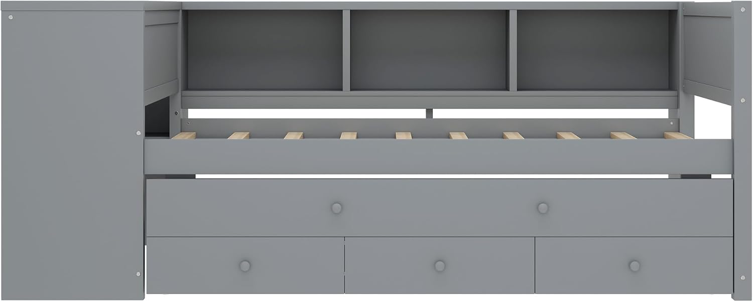 SOFTSEA Twin Size Daybed with Trundle & 3 Storage Drawers, Corner Bed with Desk and Bookcase Headboard, Wooden Daybed with Pull Out Trundle and Storage Shelves for Kids Teens, Grey