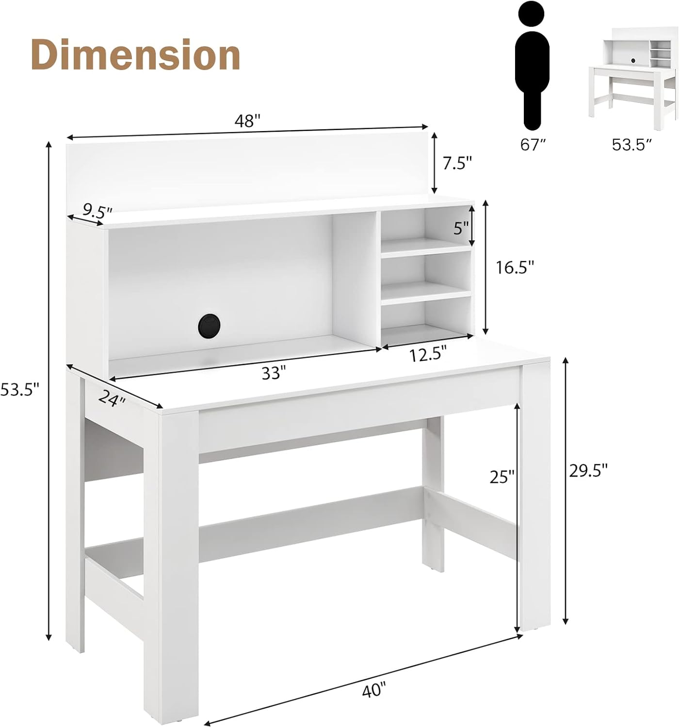 Tangkula White Desk with Hutch, Home Office Desk with Bookshelf, Writing Study Desk with Anti-Toppling Device & Cable Hole, Modern Computer Workstation PC Laptop Desk for Small Space, Bedroom