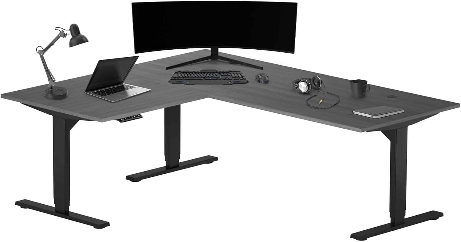 Progressive Desk Stand Up Height Adjustable Electric Standing Desk - L Shaped 60' x 72' Corner Computer Rising Workstation Table - Black Frame, Gray Oak Top