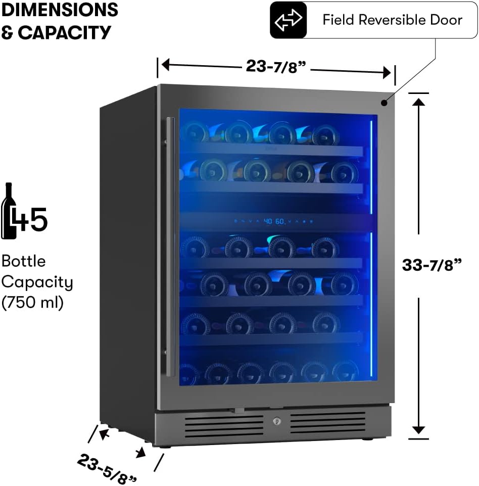 Zephyr Presrv 24' Wine Fridge Dual Zone Under Counter - Countertop Mini Wine Cooler Cellars Small Cabinet Wine Refrigerator Home Bar Chiller Freestanding with Glass Door Black, 45 Bottles 750ml