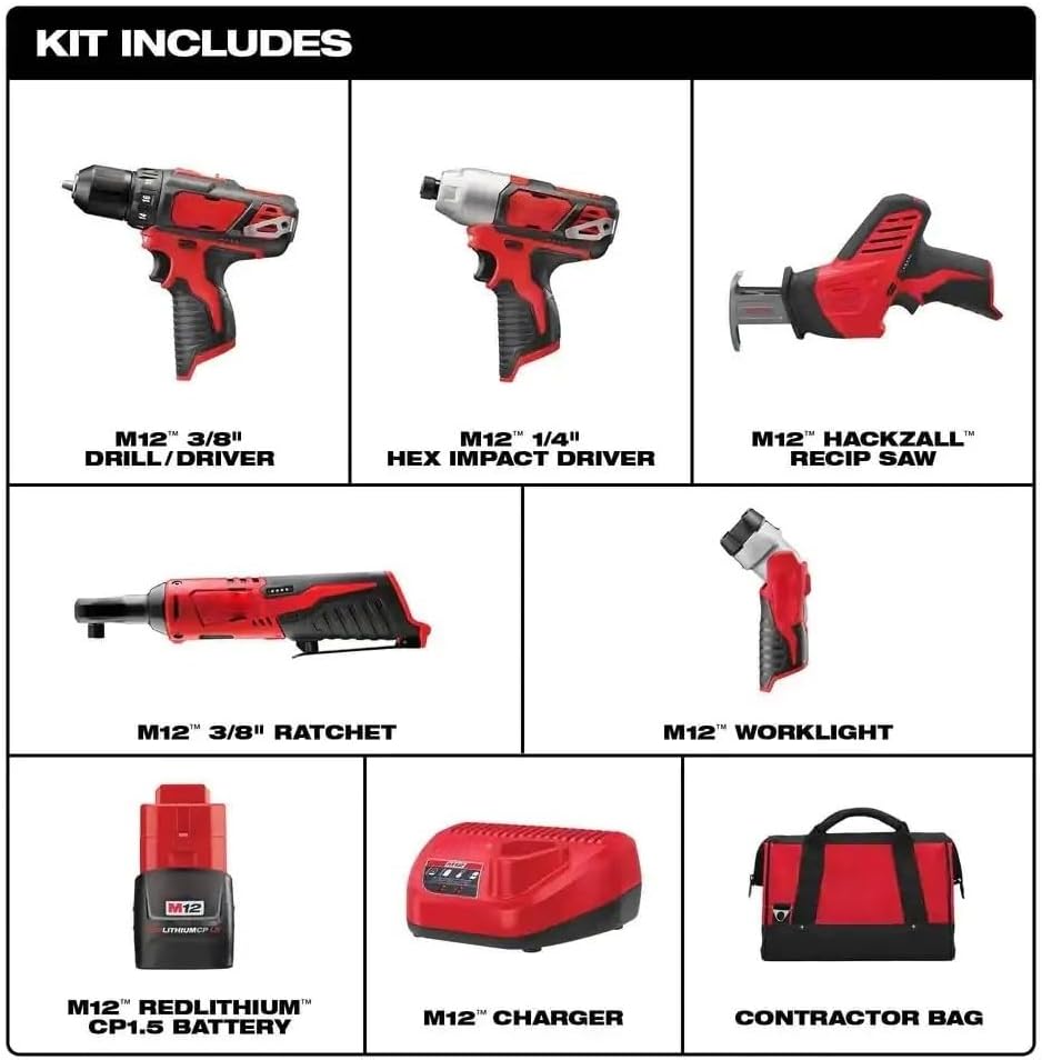 2498-25 for Milwaukee M12 Cordless Combo Kit 2407-20 3/8-inch Drill Driver, 2420-20 Reciprocating Saw, 2462-20 1/4-inch Impact Driver, 2457-20 3/8-inch Cordless Ratchet, 49-24-0146 Work Light 5-Tool