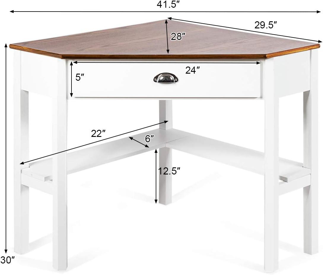 Tangkula Corner Desk, Corner Computer Desk with Drawer for Small Space, Small Corner Makeup Vanity Desk, 90 Degrees Triangle Corner Desk with Storage Shelves (Natural & White)