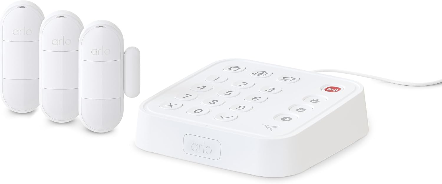 Arlo Home Security System - Wired Keypad Sensor Hub, (3) 8-in-1 Sensors, 24/7 Professional Monitoring- No Contract Required, DIY Installation, Alarm System for Home Security – SS1201, White