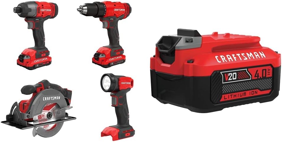 CRAFTSMAN V20 MAX Power Tool Combo Kit, 4-Tool Cordless Power Tool Set (CMCK401D2) & (1) V20 Lithium Ion Battery, 4.0-Amp Hour (CMCB204)
