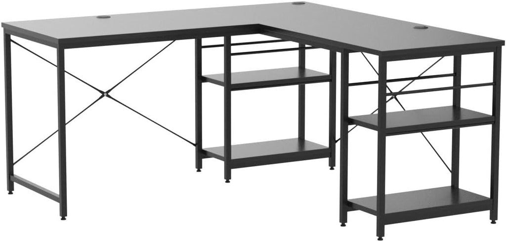 Bestier 95.2' L Shaped Desk, Reversible Corner Computer Desk or 2 Person Long Table with Adjustable Shelves, Large Writing Study Workstation with 3 Cable Holes - Black