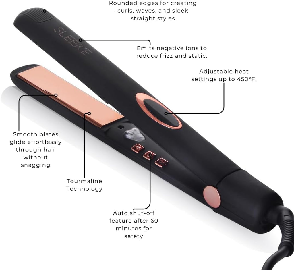 Sleek'e Professional Titanium Hair Straightener/Flat Iron for All Hair Types - 1-Inch Floating Plates with Negative Ion Booster for Shinier Hair (Black)