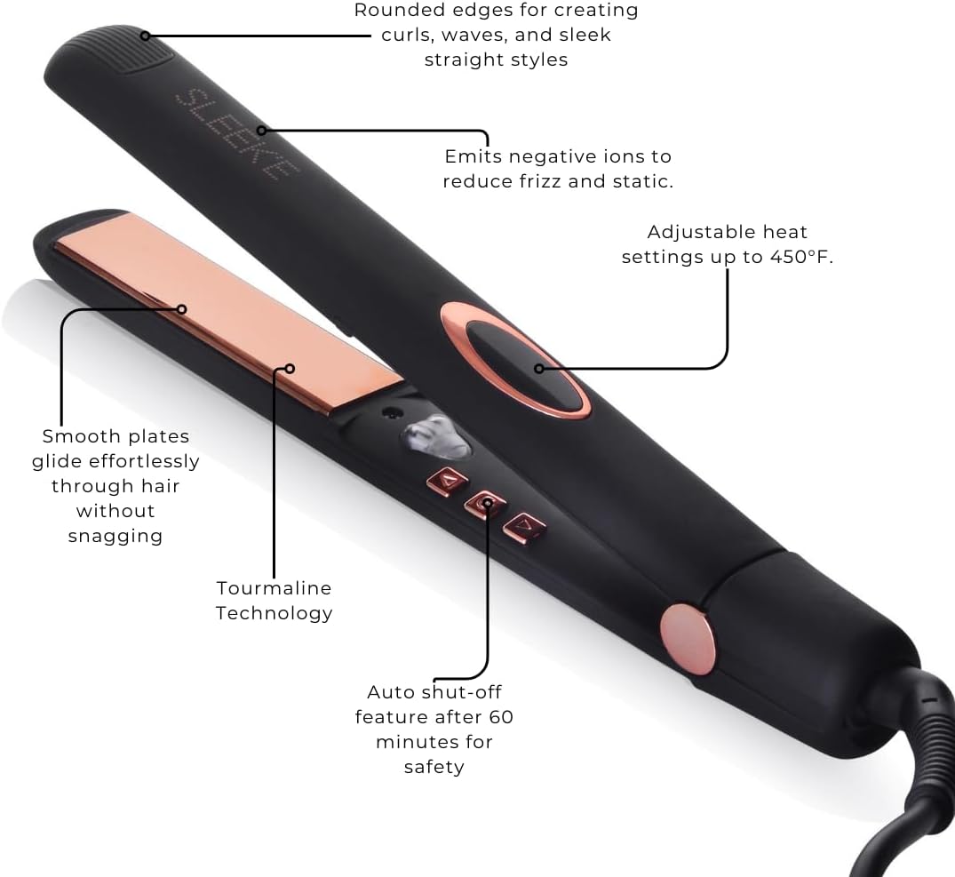 Sleek'e Professional Titanium Hair Straightener/Flat Iron for All Hair Types - 1-Inch Floating Plates with Negative Ion Booster for Shinier Hair (Black)