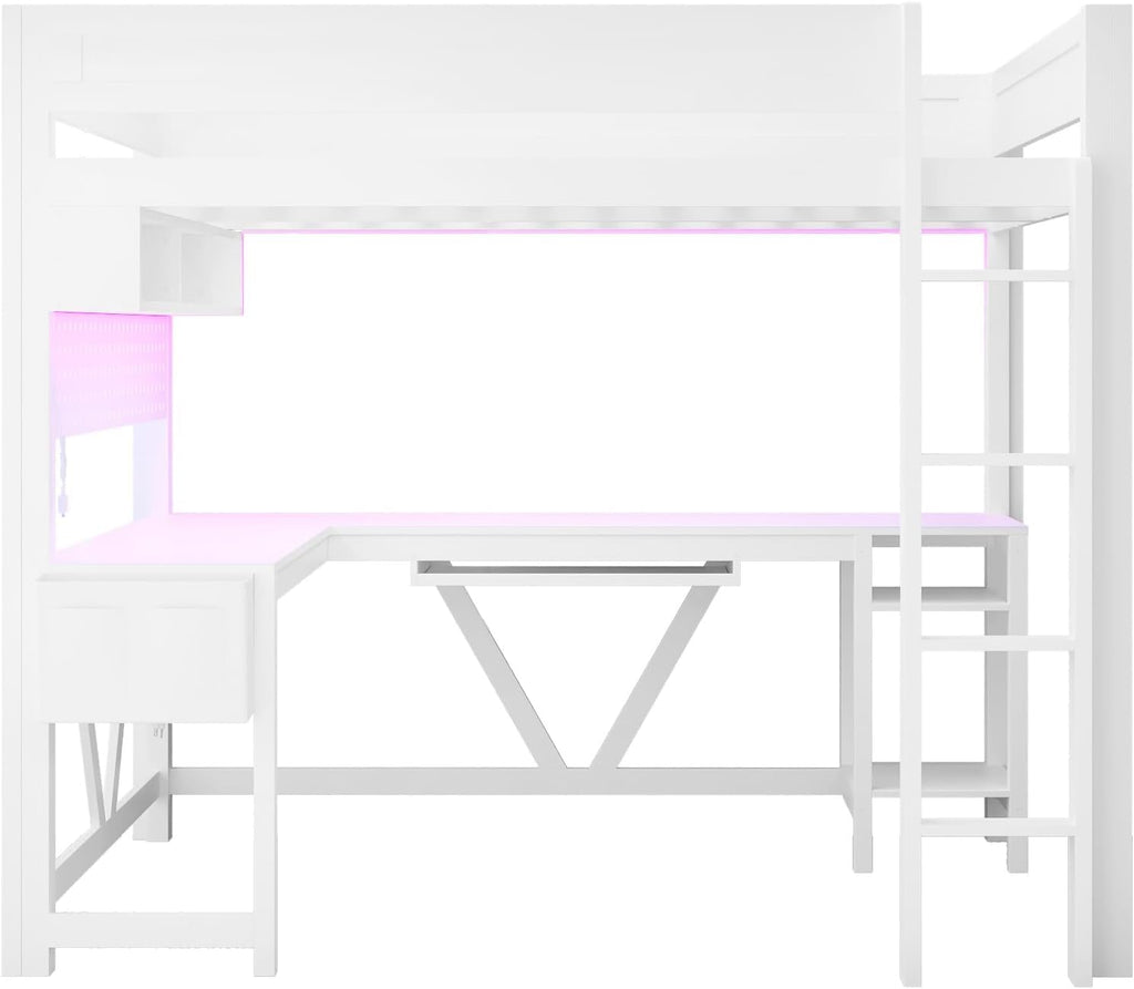 Virubi Full Gaming Loft Bed with Desk and Storage Shelves, LED RGB and Charging Station, Wood High Loft Bed with Storage Case, Ladders,and Guardrails for Adults Teens (White)