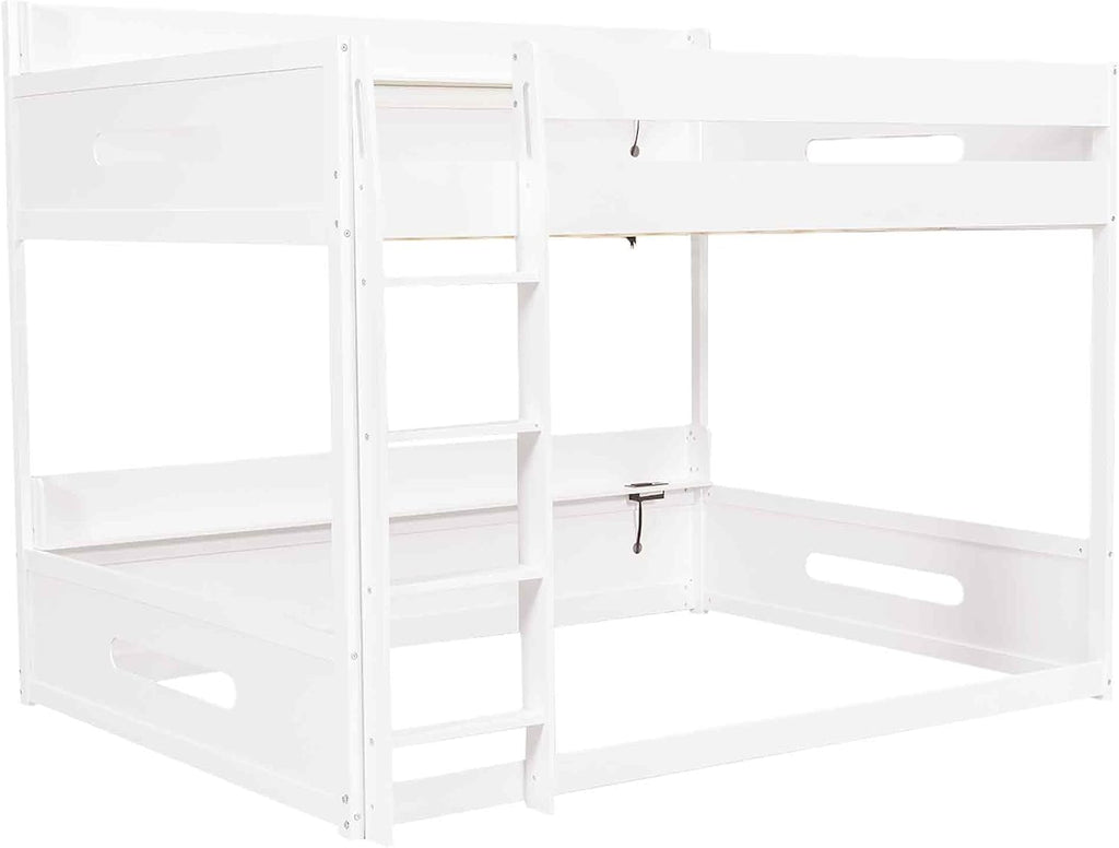 Queen Over Queen Bunk Bed with Storage Shelves and USB Ports,Solid Pine Wood Space-Saving Design for Kids/Adults (White-Q)