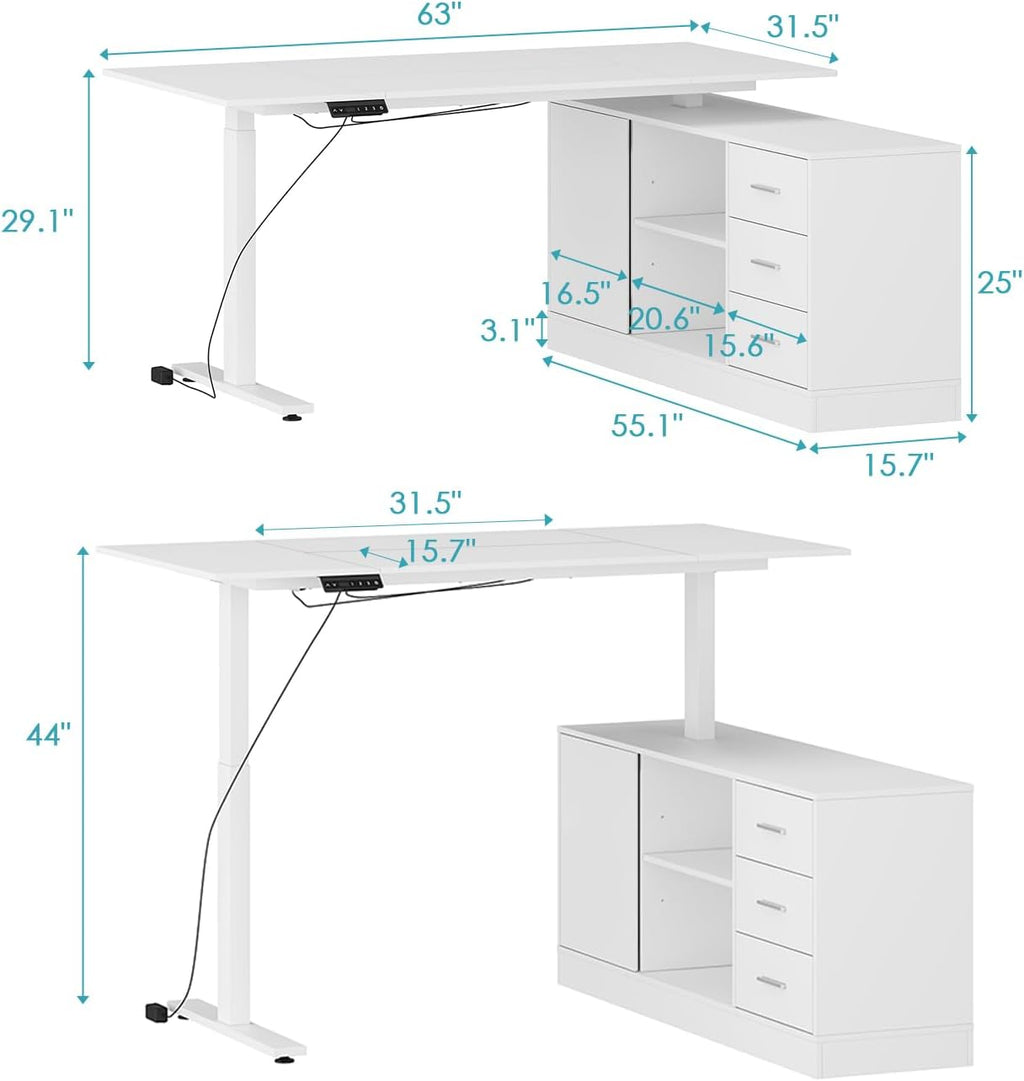 Homsee Home Office L Shaped Electric Standing Desk with Drawers and Shelves, Height Adjustable & Shape Reversible Stand up Desk, 63' Computer Executive Corner Table, White