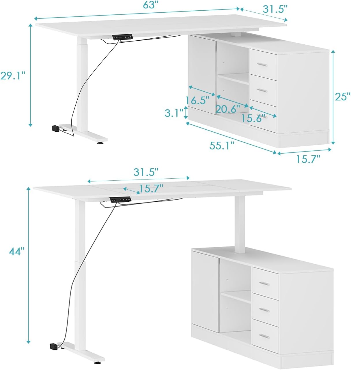 Homsee Home Office L Shaped Electric Standing Desk with Drawers and Shelves, Height Adjustable & Shape Reversible Stand up Desk, 63' Computer Executive Corner Table, White