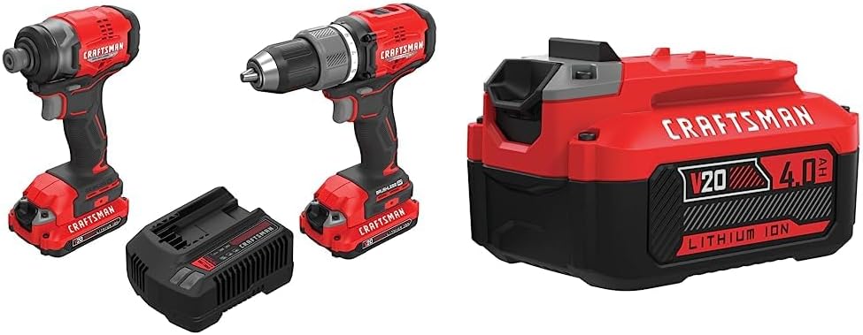 CRAFTSMAN V20 RP Cordless Drill and Impact Driver, Power Tool Combo Kit, 2 Batteries and Charger Included (CMCK211C2) & (1) V20 Lithium Ion Battery, 4.0-Amp Hour (CMCB204)