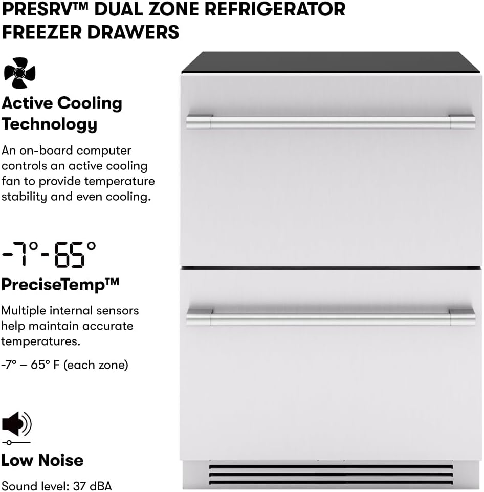 Zephyr 24' Presrv™ Dual Zone Refrigerator Freezer Drawers - Built In Fridge with Modes for Freezer, Fridge and Pantry, Convertible -7° – 65° F (each zone), LED Lighting, Soft Close, PRRFD24C2AS