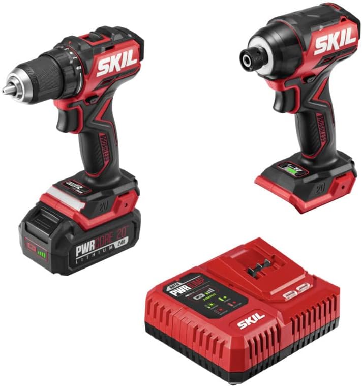 SKIL PWR CORE 20 Brushless 20V Compact Drill Driver and Impact Driver Kit, Includes 2.0Ah Battery and PWR Jump Charger - CB8437B-10