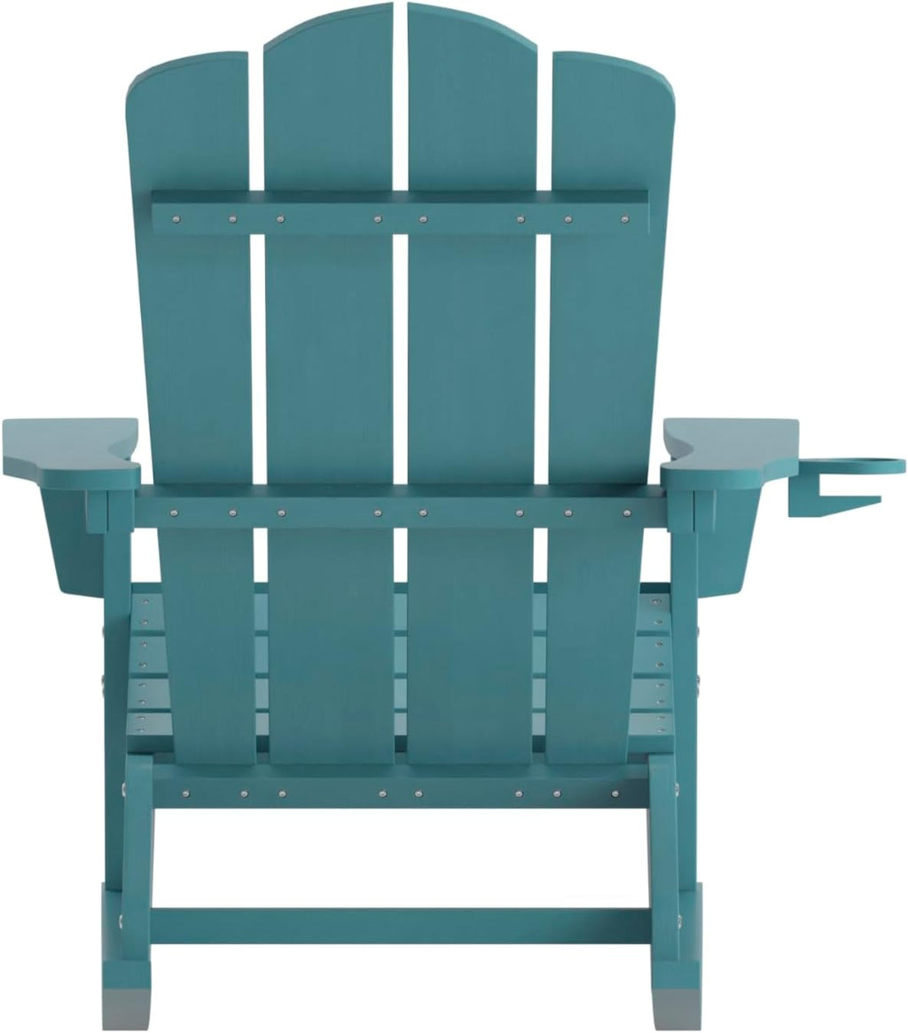 EMMA + OLIVER Tiverton Adirondack Rocking Chair with Cup Holder, Weather Resistant Poly Resin Adirondack Rocking Chair, Blue