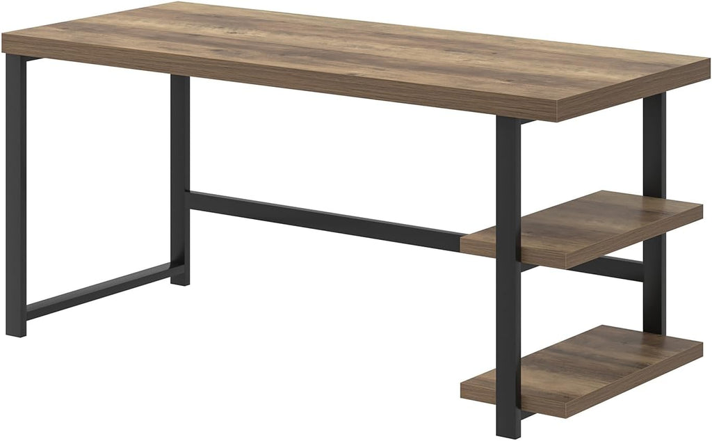 FOLUBAN 60 Inch Home Office Desk, Large Computer Desk with Storage Shelves, Modern Wood and Metal Writing Study Gaming Table Workstation for Living Room, Rustic Oak
