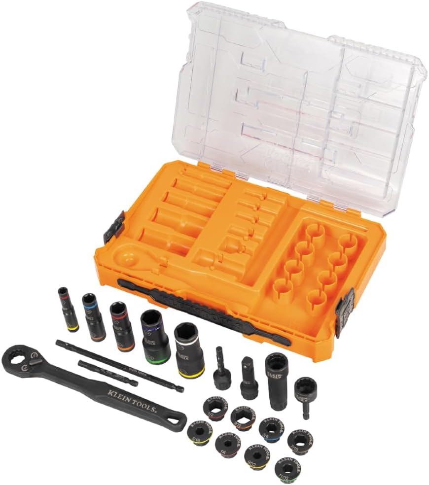 Klein Tools 65240 KNECT Impact Deep-Well Flip Socket and Low-Profile Pass Through Socket Set, SAE, 20-Piece, MODbox Case, 1/4-Inch and 3/8-Inch Drive