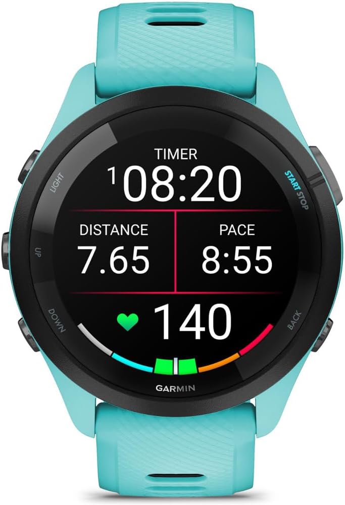 Garmin 010-02810-02 Forerunner 265 GPS Smartwatch, Aqua/Black | Official USA Partner Model | Bundle with Workout Cooling Sport Towel + Deco Essentials Wearable Commuter Front & Rear Safety Light