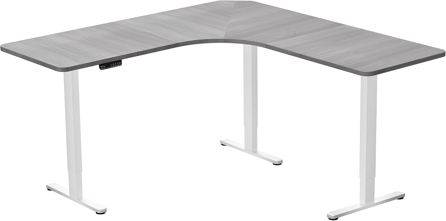 VIVO Electric Height Adjustable 71 x 71 inch Curved Corner Stand Up Desk, Dark Gray Table Top, White Frame, Memory Controller, L-Shaped Workstation, E3C Series, DESK-KIT-E3CWG