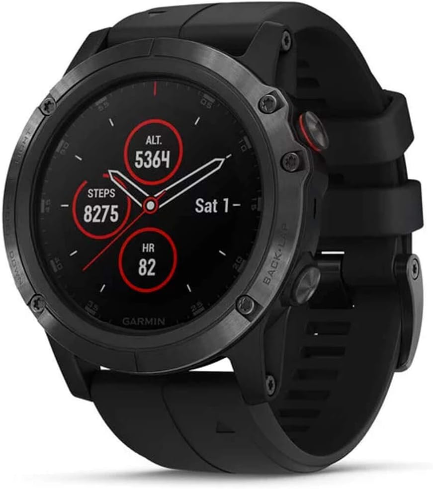 Garmin fenix 5X Plus, Ultimate Multisport GPS Smartwatch, Features Color Topo Maps and Pulse Ox, Heart Rate Monitoring, Music and Contactless Payment, Black with Black Band
