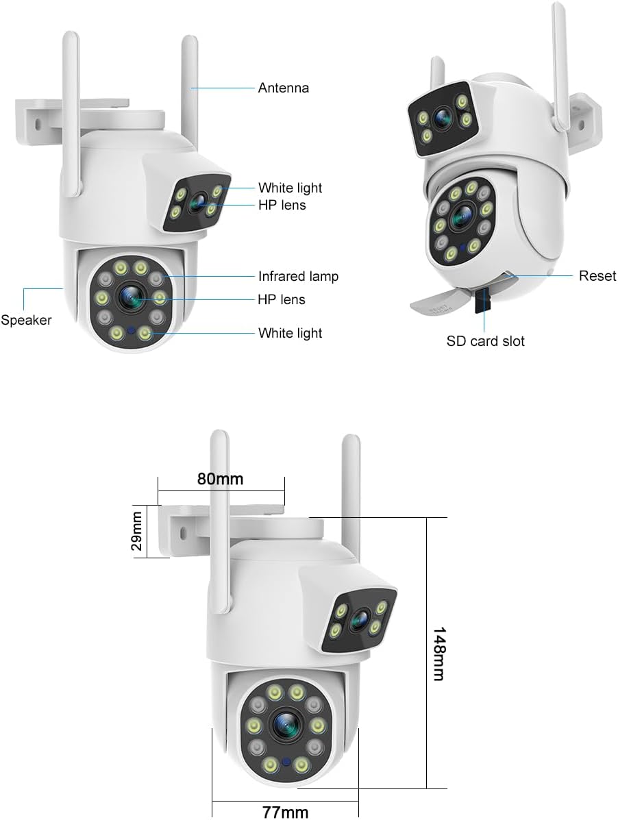 EVERSECU Dual Lens Linkage 6MP WiFi PTZ Security Camera Outdoor, 360° View, Auto Tracking, Motion Detection, Color Night Vision, 2-Way Audio, Compatible with Alexa(4pack)