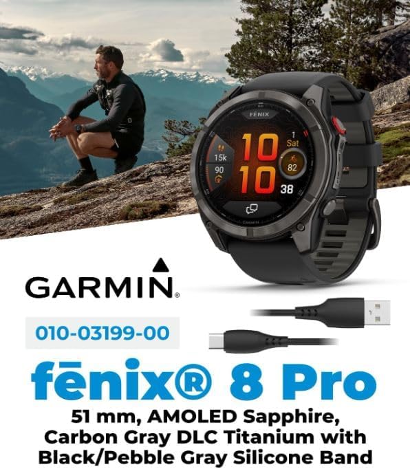 Garmin Fenix 8 Pro – 51mm AMOLED LTE & Satellite Connected Multisport GPS Smartwatch, inReach Technology: Sapphire Carbon Gray DLC Titanium w/Black-Pebble Gray Silicone Band Power Bundle