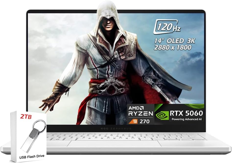 ASUS - ROG Zephyrus G14 14' Gaming Laptop - AMD Ryzen 9 270 - NVIDIA GeForce RTX 5060-16GB LPDDR5X RAM 1TB SSD - Wi-Fi7 Bluetooth BacklitKB Windows 11 - Platinum White - w/2TB USB Drive - W/GaLiMu