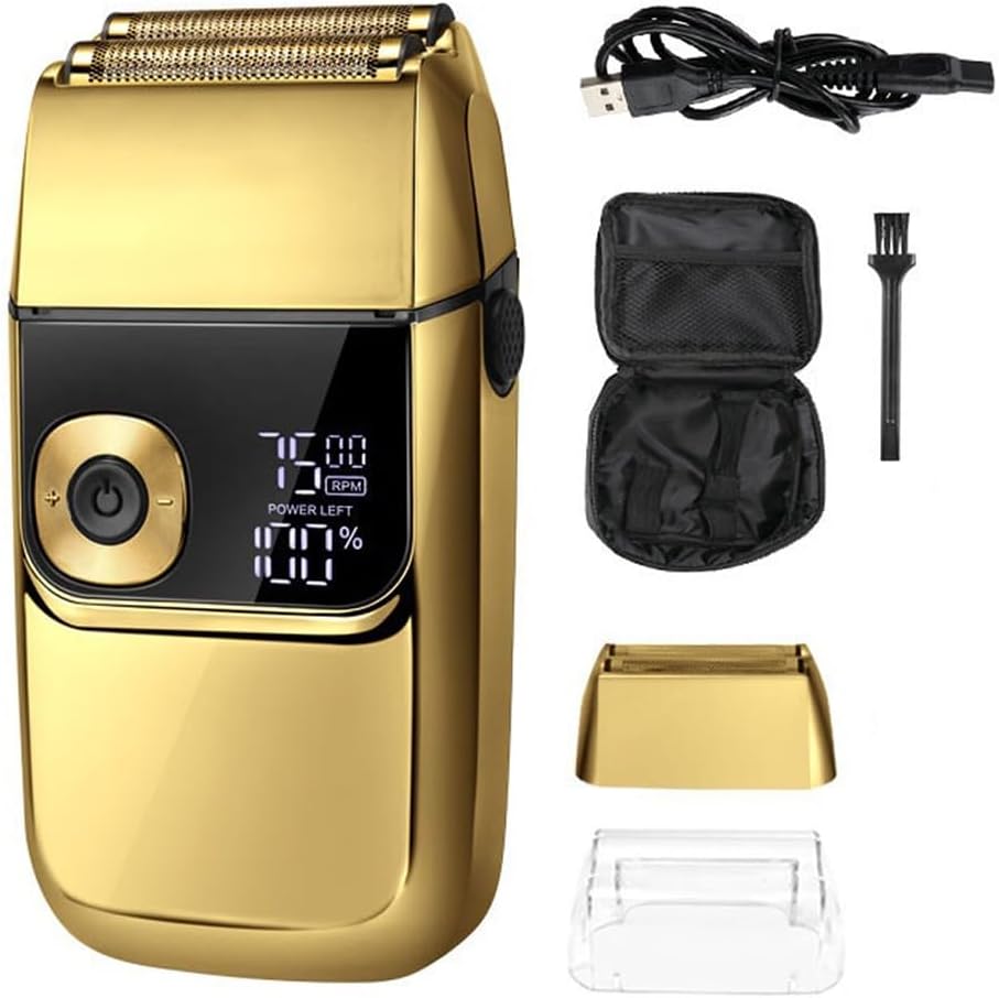 Electric Razors for Men, Electric Foil Shavers for Men All Metal 2 in 1 Foil Trimmer LED Waterproof Shaving Machine 3-Speed Adjustable (Color : Gold)
