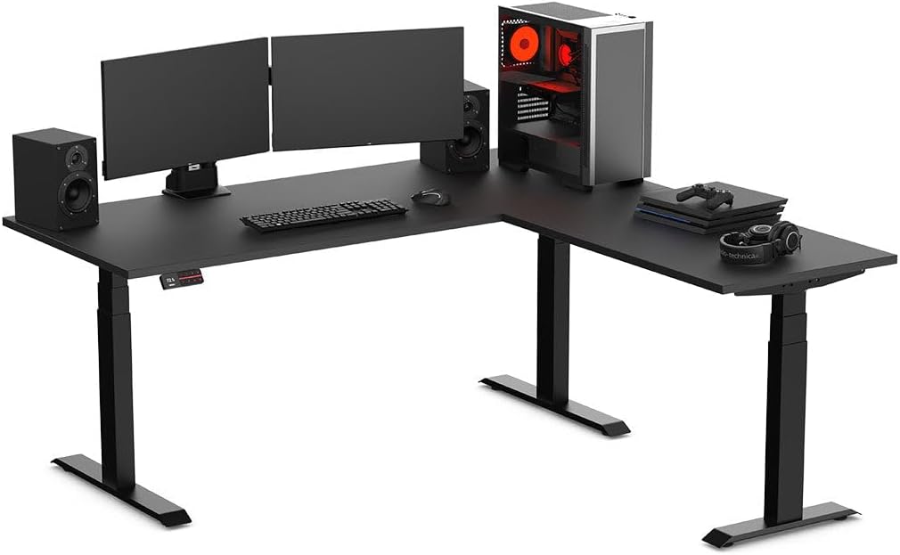 Desky Sigma L-Shape Gaming Desk - 70.9 Inch, Triple Motor Sit-Stand, Height Adjustable up to 49.2 inches, 440 lbs Capacity, 4 Memory Presets, Matte Black Frame