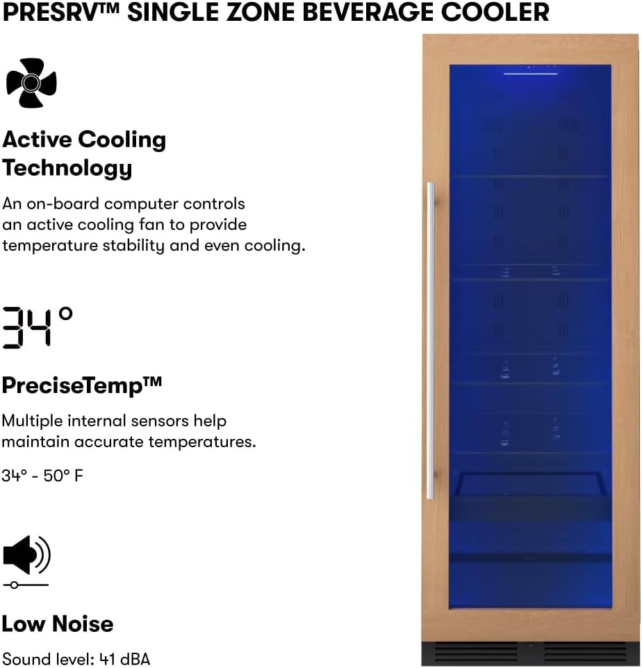 Zephyr 24 Inch Panel-Ready Wine Fridge & Beverage Refrigerator Single Zone Full Size - Tall Wine Cooler Cellars Large Bar Drink Freestanding w/Glass Door - 266x12oz cans & 14x750 ml bottles