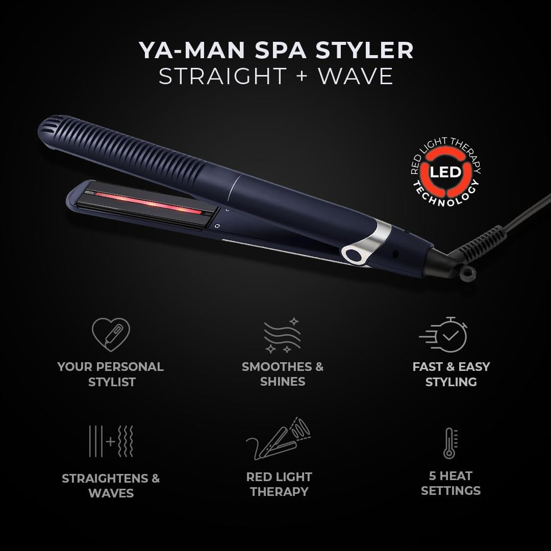 YA-MAN Spa Styler Straight + Wave Flat Iron Hair Straightener and Curler 2 in 1 - Advanced Japanese Technology, Dual Voltage, Titanium Tourmaline Plates with Red Light Therapy, 5 Heat Settings (Navy)