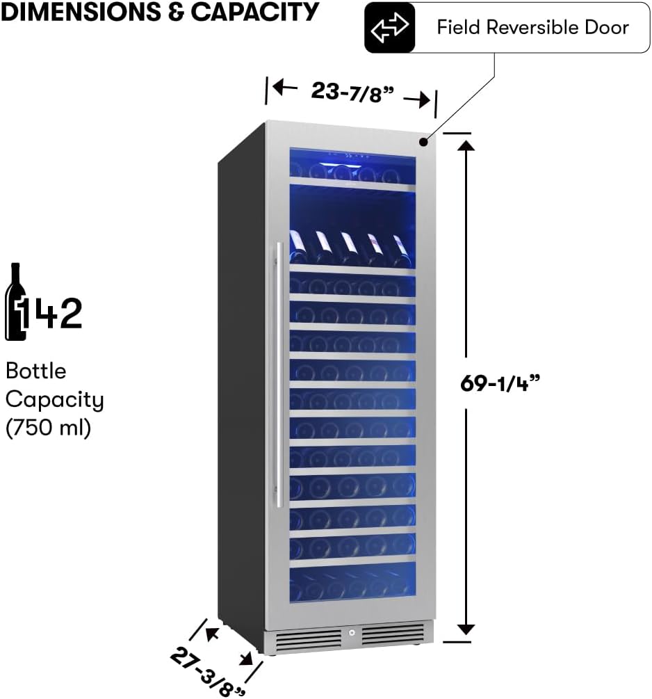 Zephyr Presrv 24 Inch Wine Fridge Full Size Single Zone - Tall Wine Cooler Cellars Large Cabinet Wine Refrigerator Home Bar Chiller Freestanding with Glass Door for 148 bottles 750ml