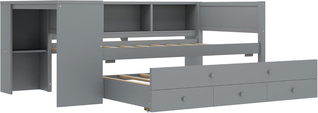 SOFTSEA Twin Size Daybed with Trundle & 3 Storage Drawers, Corner Bed with Desk and Bookcase Headboard, Wooden Daybed with Pull Out Trundle and Storage Shelves for Kids Teens, Grey