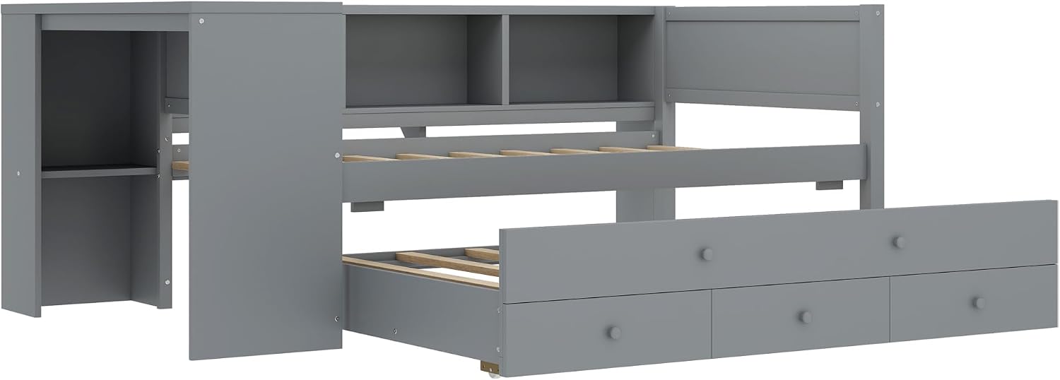 SOFTSEA Twin Size Daybed with Trundle & 3 Storage Drawers, Corner Bed with Desk and Bookcase Headboard, Wooden Daybed with Pull Out Trundle and Storage Shelves for Kids Teens, Grey