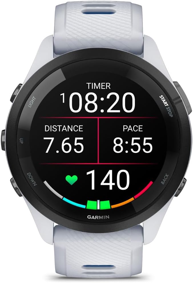 Garmin 010-02810-01 Forerunner 265 GPS Smartwatch, Whitestone/Tidal Blue | Official USA Partner Model | Bundle with Sport Towel + Deco Essentials Wearable Commuter Front & Rear Safety Light