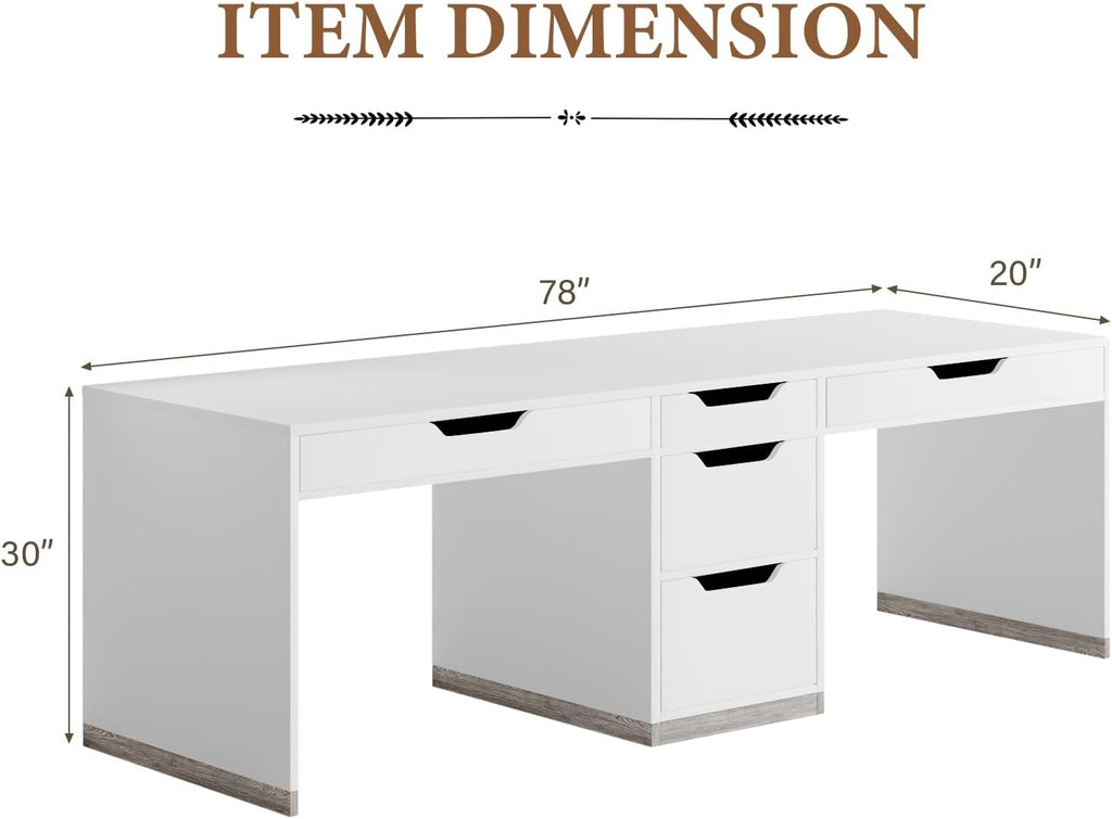 MaverickFurni Two Person Desk with 5 Drawers, Double Desk with Storage for 2 People, 78 Inch Extra Long White Desk Workstation with File Drawer for Home Office, White