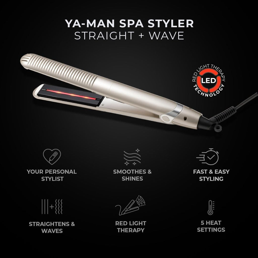 YA-Man Spa Styler Straight + Wave Flat Iron Hair Straightener and Curler 2 in 1 - Advanced Japanese Technology, Dual Voltage, Titanium Tourmaline Plates with Red Light Therapy, 5 Heat Settings (Gold)