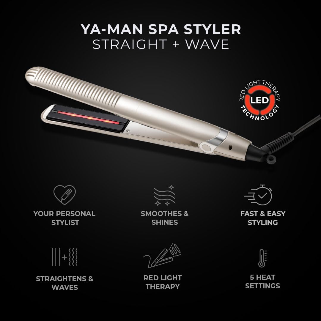 YA-Man Spa Styler Straight + Wave Flat Iron Hair Straightener and Curler 2 in 1 - Advanced Japanese Technology, Dual Voltage, Titanium Tourmaline Plates with Red Light Therapy, 5 Heat Settings (Gold)