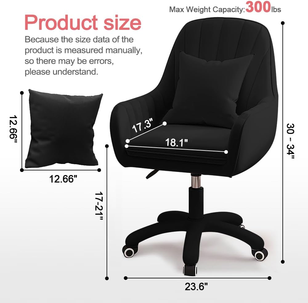 Velvet Desk Chair with Pillow Upholstered Vanity Chair for Girls Women, Home Office Computer Task Chair with Wheels Swivel Rolling Accent Chair for Living Room, Bedroom