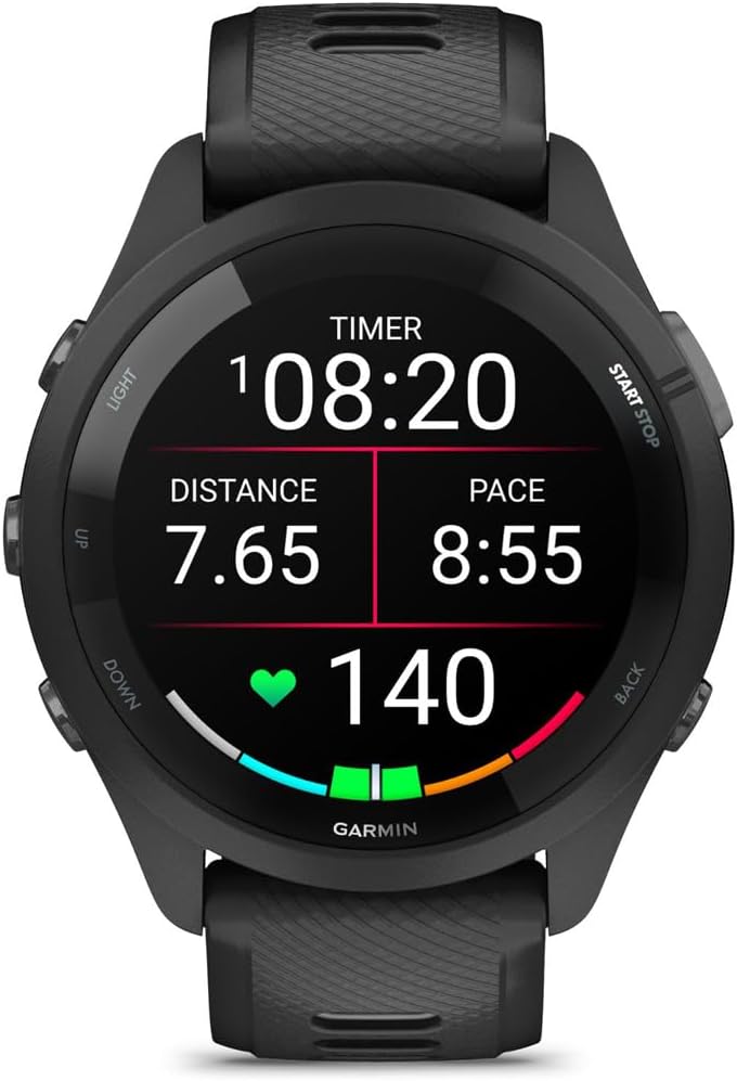Garmin 010-02810-00 Forerunner 265 GPS Smartwatch, Black/Powder Gray | Official USA Partner Model | Bundle with Sport Towel + Deco Essentials Wearable Commuter Front & Rear Safety Light