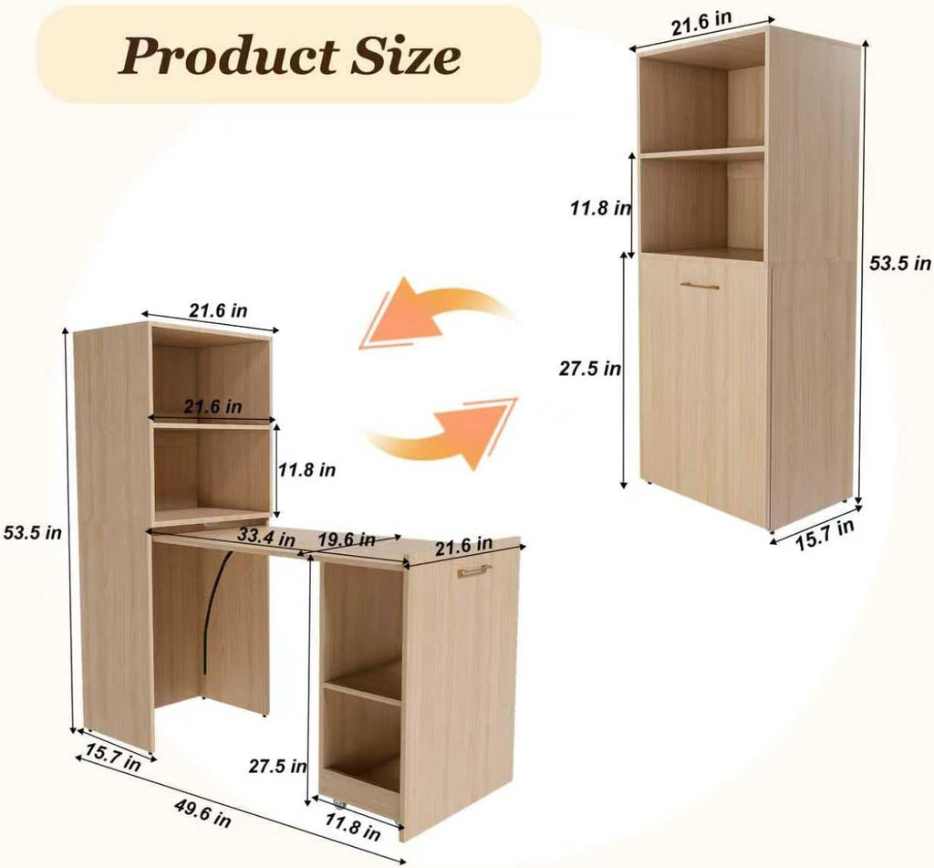 KEIKI Home Office Stretchable Desks with Storage Shelves and Mobile Wheels, Modern Wood Foldable Desk Gaming Computer Corner Table for Apartments Work, Study, Writing, Natural